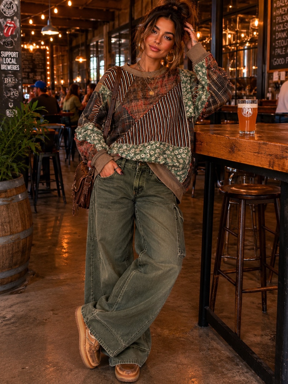 BKE Plaid Patchwork Pullover in Brown and Olive
